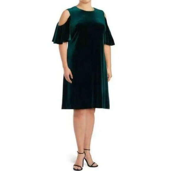 Calvin Klein Sz 22W Dress GREEN Cold Shoulder Velvet Plus Size Classic Party - Picture 1 of 11